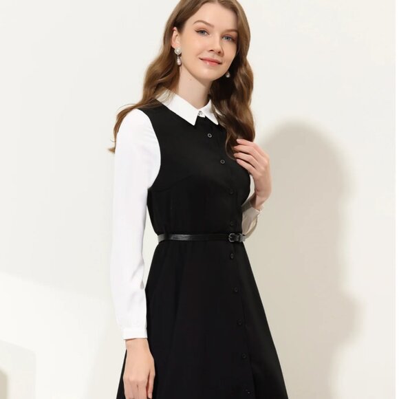 Work Button Front Dress Long Sleeve Contrast Collar Shirtdress - Picture 2 of 6